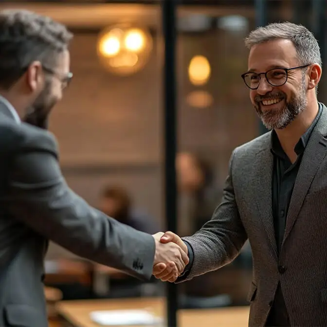 Two business professionals shaking hands, symbolizing partnership and collaboration in a results-driven marketing agency