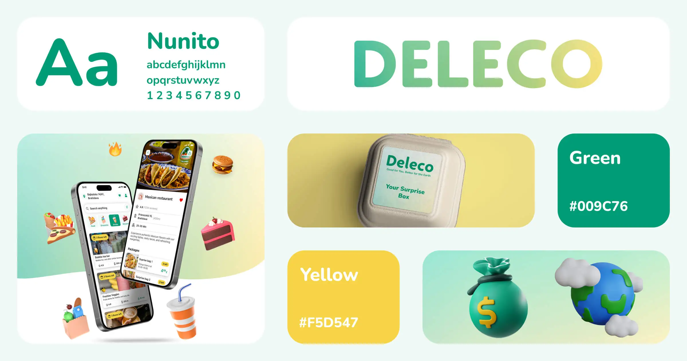 Vizuálna identita pre Deleco predstavujúca maketu telefónu, maketu krabice, farby značky, typografiu, ikony a dizajn loga.