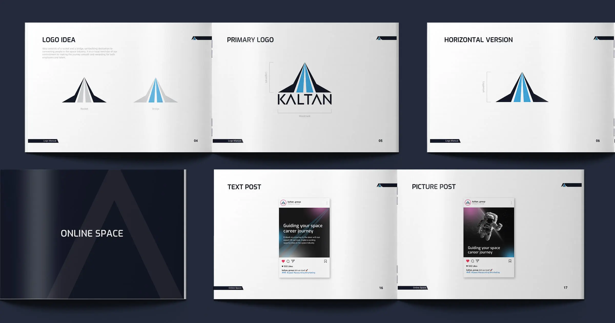 Časť pravidiel pre značku Kaltan Group zobrazujúca hlavné logo spolu s dizajnom príspevkov na Instagrame pre súdržný branding.
