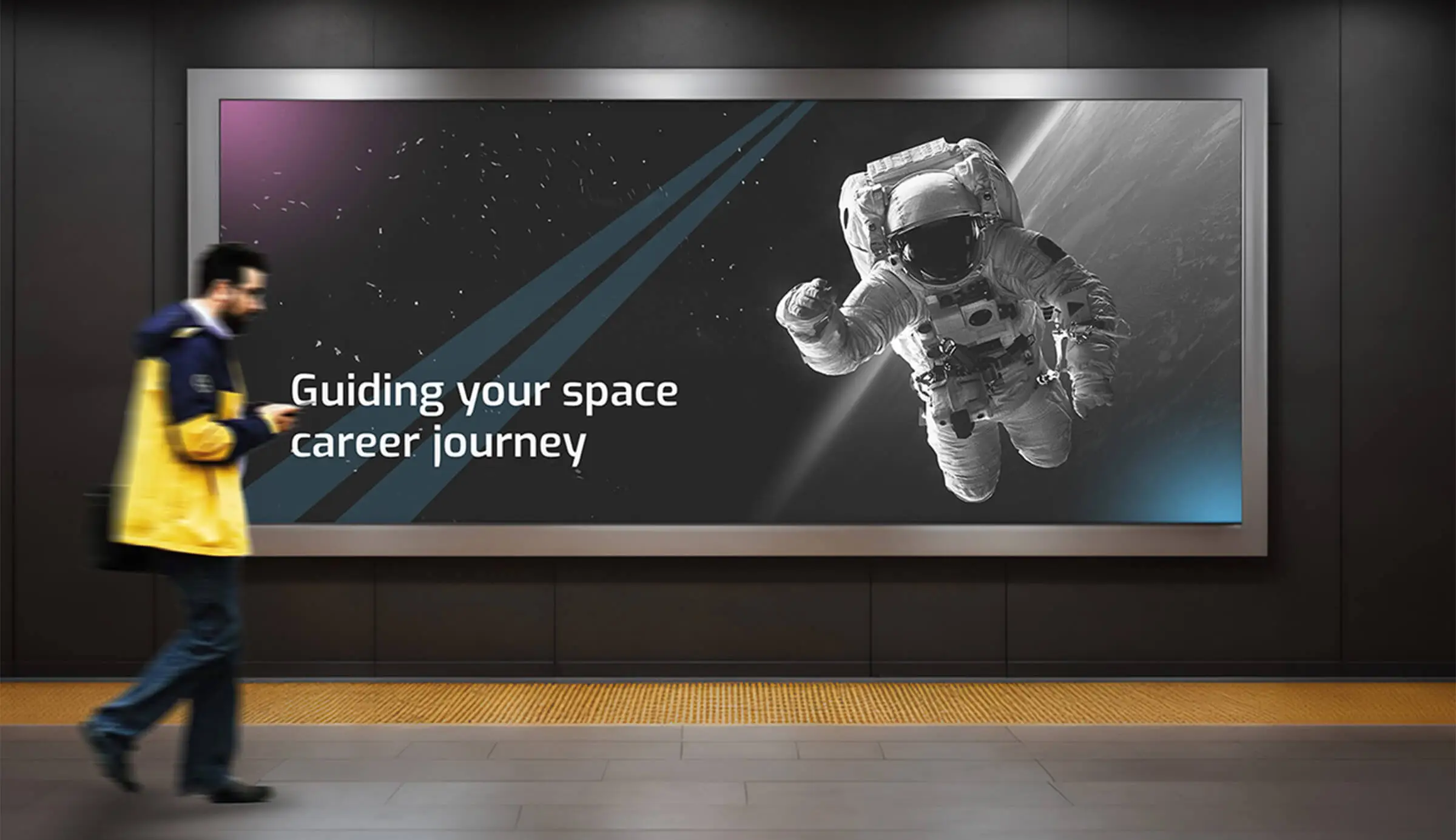 Maketa billboardu s logom spoločnosti Kaltan Group, na ktorom je vyobrazený astronaut a slogan „Sprievodca vašou vesmírnou kariérou“.