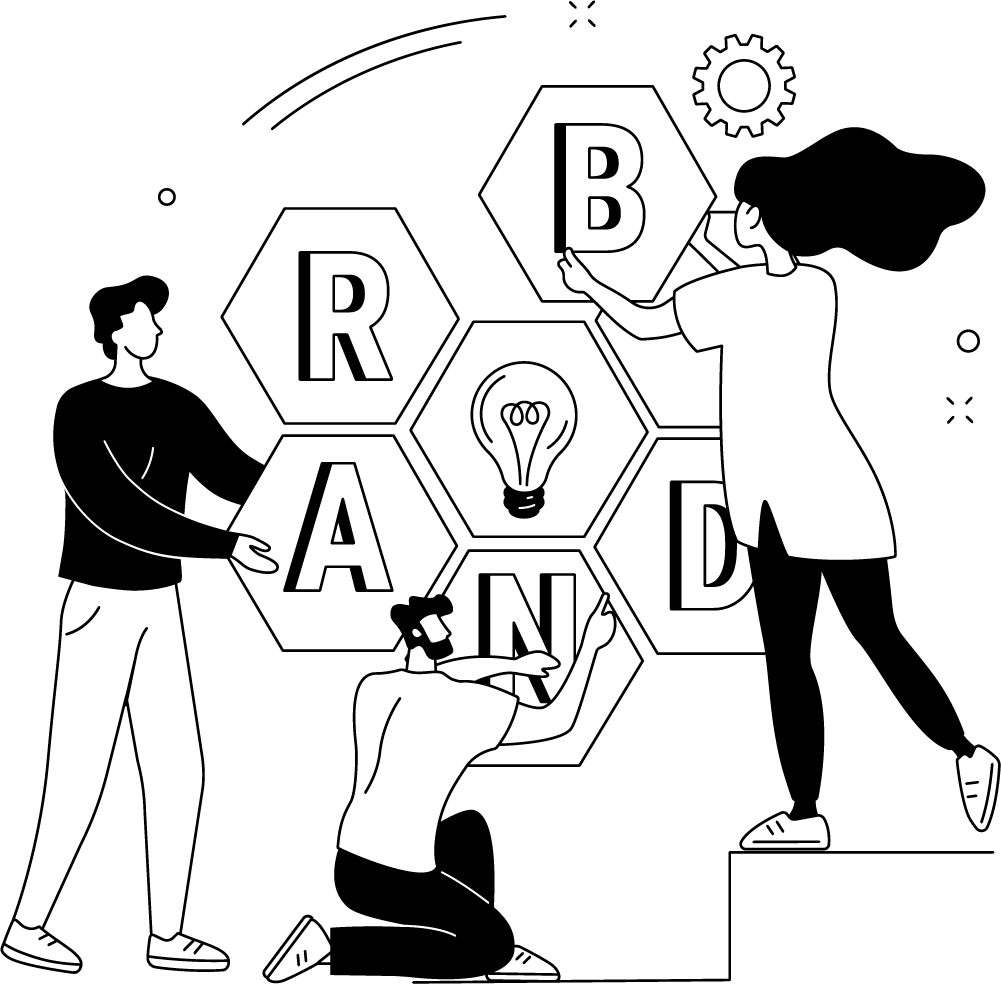 Ilustrácia logo na mieru zobrazujúca ľudí, ktorí používajú názov značky.